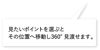 見たいポイントを選ぶとその位置へ移動し360°見渡せます。 見たいポイントを選ぶとその位置へ移動し360°見渡せます。