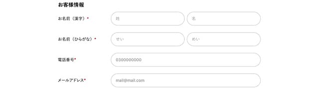 氏名、電話番号、メールアドレスを入力するページ