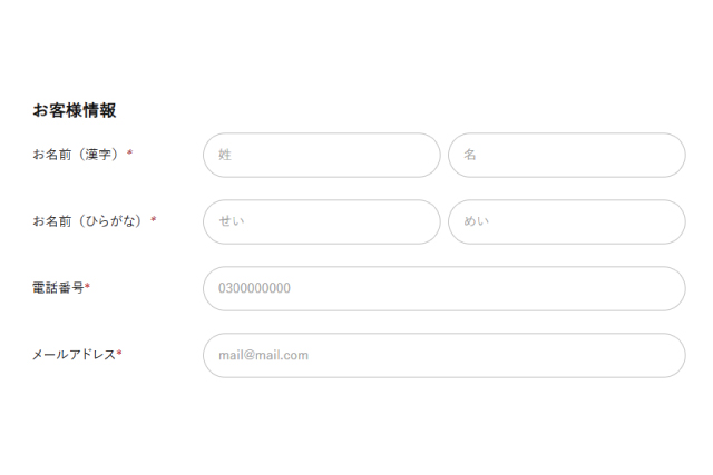 氏名、電話番号、メールアドレスを入力するページ