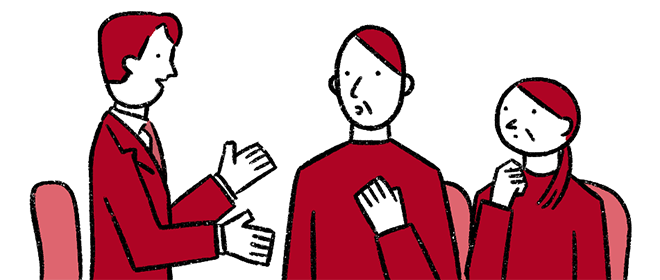シニア夫婦が相談員に相談しているイラスト シニア夫婦が相談員に相談しているイラスト
