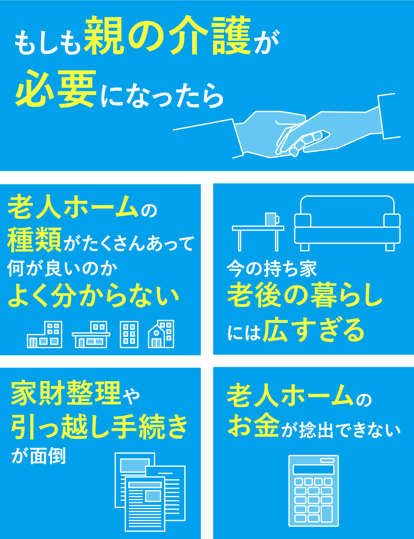 もしも親の介護が必要になったら 老人ホームの種類がたくさんあって何が良いのかよく分からない 今の持ち家老後の暮らしには広すぎる 家財整理や引っ越し手続きが面倒 老人ホームのお金が捻出できない