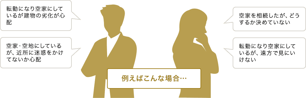 例えばこんな場合…転勤になり空家にしているが建物の劣化が心配。空家・空地にしているが、近所に迷惑をかけてないか心配。空家を相続したが、どうするか決めていない。転勤になり空家にしているが、遠方で見に行けない。